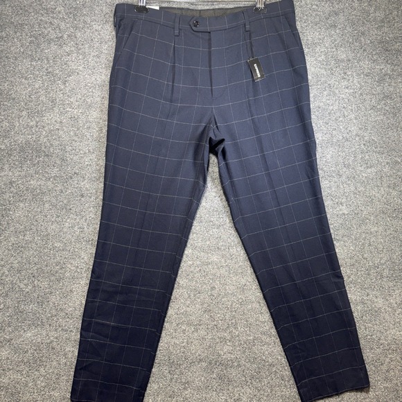 Express Other - Express Slim Pleated Dress Pants Mens 36x34 Blue Windowpane Plaid Cotton Stretch